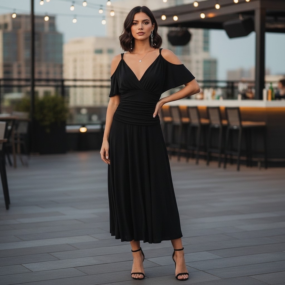 Elegant Black Cold-Shoulder Midi Dress